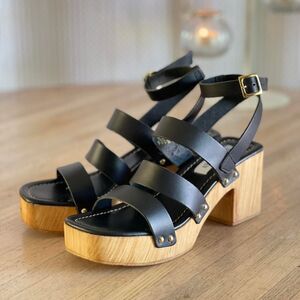 Steve Madden Black Leather Wood Block Heel Strappy Platform Heels Sandals Size 8